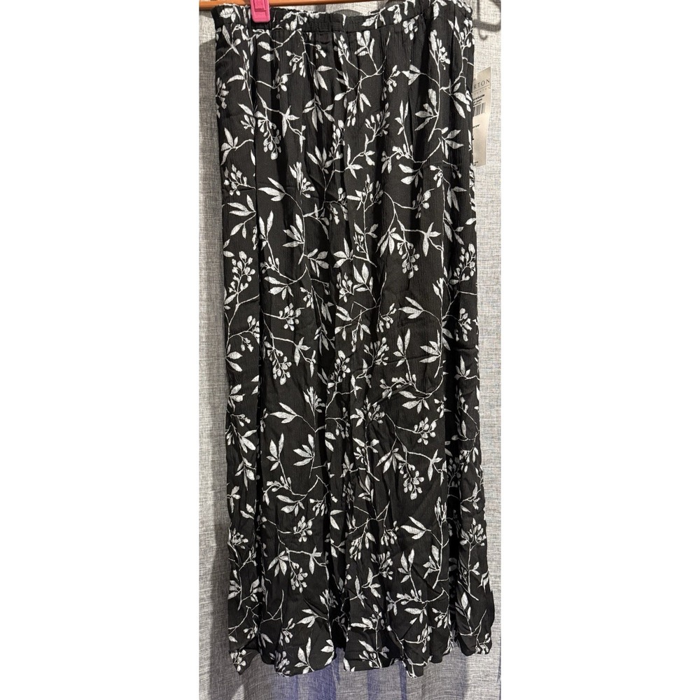 Norton‎ McNaughton Vintage Maxi Skirt Black Floral Size L Side Slit Pull On NWT